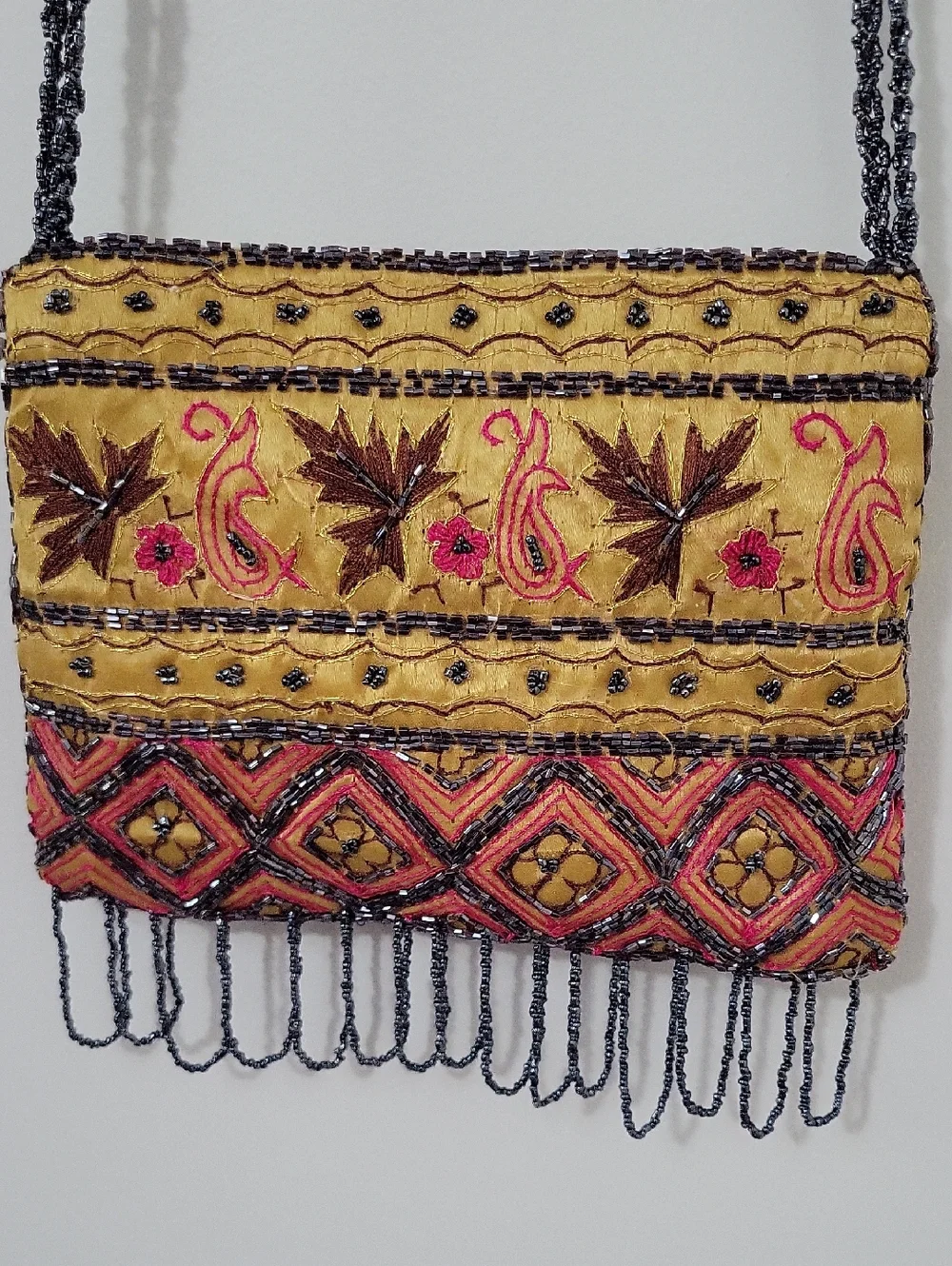 Embroidered Gold Boho Shoulder Bag with Beaded Fringe